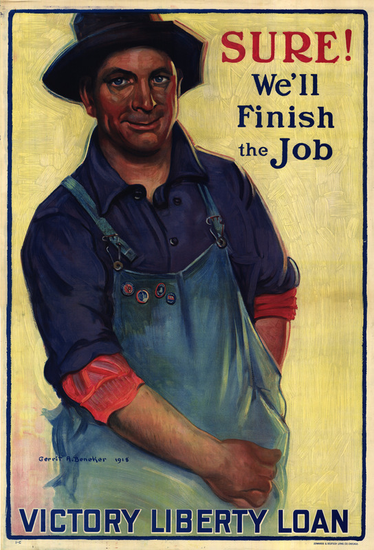 A smiling man in a hat and work clothes reaches into his pocket for money.  The four buttons on his overalls signify that he has financially supported each previous Liberty Loan campaign.