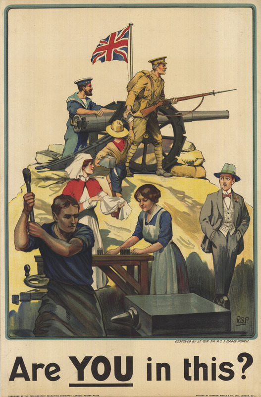 A well-dressed man stands by, watching the work of soldiers, civilian workers and a nurse while a British flag flies overhead.