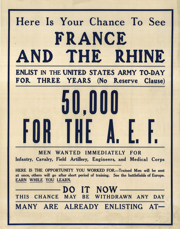 Dark text on a white poster.  &quot;50,000 for the A.E.F.&quot; is the largest piece of text among various sizes and appears in the middle of the poster.