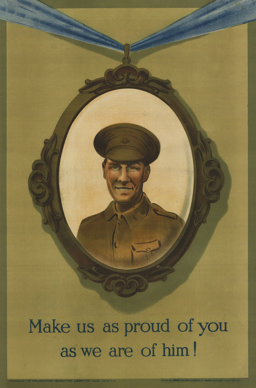 A framed oval portrait of a British soldier hangs on a wall from a blue ribbon.