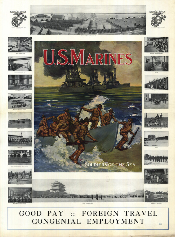 A larger illustration of Marines going ashore from landing craft with warships in the background is surrounded by small photographs showing Marines in various locations around the world.