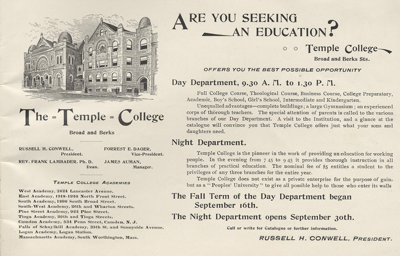 pamphlet advertising an education at Temple College