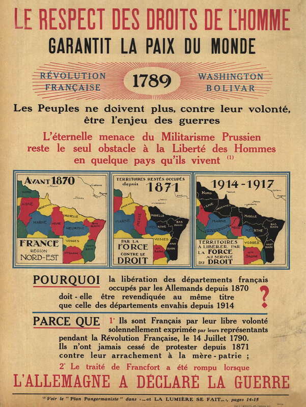 Three maps of eastern France are shown side-by-side.  In the first, France appears as it did before 1870, holding the easternmost territories.  In the second France is seen with those territories occupied by Germany after 1871.  The final map shows easternmost France in 1917, with even more territories under the control of the Germans.  Various areas are colored yellow, red, green and blue when under French control and black when under German control.