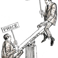 Two men sit on a seesaw labelled &quot;bond market&quot; with a man holding a sign &quot;price&quot; touching the ground and a man holding a sign &quot;interest&quot; in the air