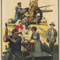 A well-dressed man stands by, watching the work of soldiers, civilian workers and a nurse while a British flag flies overhead.