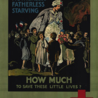 A Red Cross nurse stands among orphaned children and  a kneeling mother holding a small baby in a smoking village.  Some are holding French flags.  A Red Cross appears near the bottom of the poster.