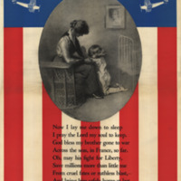 A locket-shaped illustration of a young child kneeling and praying in front of her seated mother while a soldier&#039;s portrait hangs in the background is centered on a vertical design imitating and American flag. The text &quot;My Soldier&quot; is a  banner across the top while the prayer text sits below the  illustration.  The instruction to buy bonds appears across the bottom.
