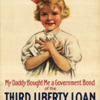 A smiling blonde-haired girl of 5 or 6 years is pictured clutching a government bond to her chest with both hands. 