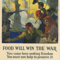 Immigrants are pictured aboard a ship gazing at the Statue of Liberty and New York harbor.  New York City sits in the background with a red, white and blue rainbow overhead. A man is imploring a woman with a food basket.