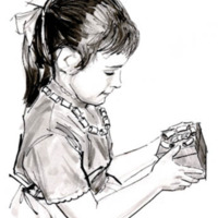 Drawing of a young girl holding a box