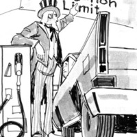 Uncle Sam stands between a gas pump and a car as he points to a sign saying &quot;2 gallon limit&quot;