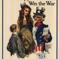 Uncle Sam carries a young girl of around 10 to 13 years with his right arm while holding War Savings Stamps with his left hand  A slightly younger boy stands facing.  Both children are well dressed.