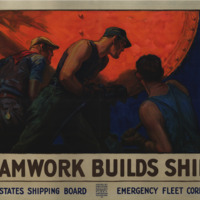 Three muscular men work together to drive rivets into a ship&#039;s hull.