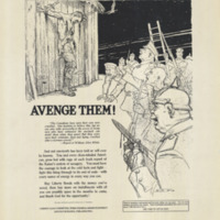 An illustration above the text shows a &quot;crucified&quot; allied soldier, whose wrists are pinned to a wooden door with knives, being mocked by German soldiers with bloodied bayonets.
