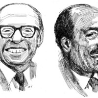 Drawn portraits of Menachem Begin and Anwar al-Sadat