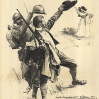 A well-dressed civilian man waves goodbye to his wife and daughter in a pastoral setting while a nearby French infantryman outfits him with a rifle and helmet.