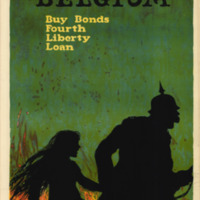 A German soldier with spiked helmet and rifle is shown in silhouette pulling a frightened young girl along by the arm, against a background of a burning town.