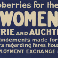 White text appears on blue across a long banner-shaped poster.  A woman picking berries  and a soldier eating jam appear at opposite ends.  